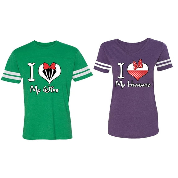 I Love My Husband Wife Matching Couple Cotton Jerseys (Men Green / Women Purple) (Men M / Women XXL)