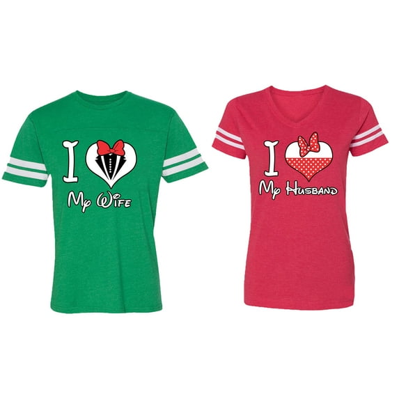 I Love My Husband Wife Matching Couple Cotton Jerseys (Men Green / Women Red) (Men M / Women XXL)
