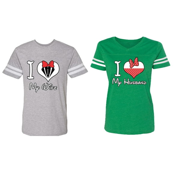 I Love My Husband Wife Matching Couple Cotton Jerseys (Men Heather / Women Green) (Men L / Women L)