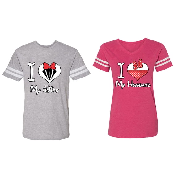 I Love My Husband Wife Matching Couple Cotton Jerseys (Men Heather / Women Pink) (Men L / Women XXL)