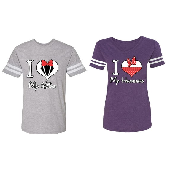 I Love My Husband Wife Matching Couple Cotton Jerseys (Men Heather / Women Purple) (Men S / Women L)