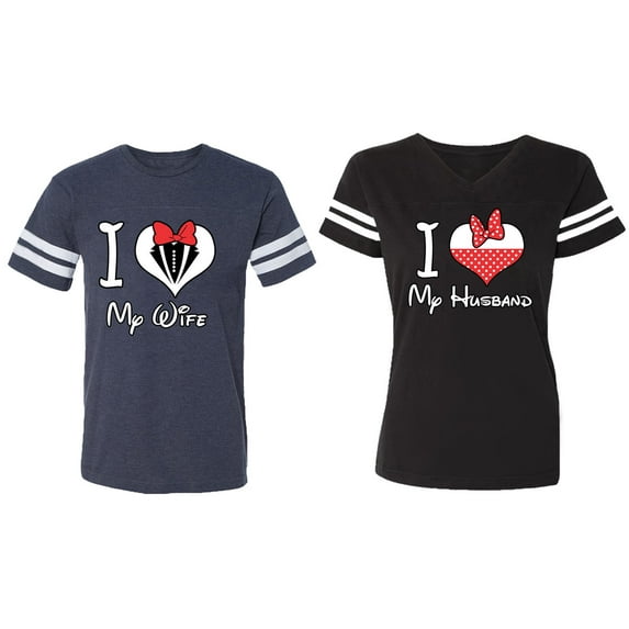 I Love My Husband Wife Matching Couple Cotton Jerseys (Men Navy / Women Black) (Men S / Women S)