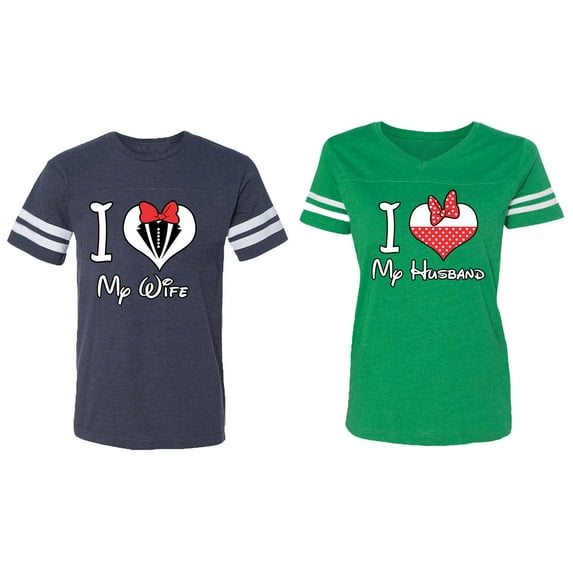 I Love My Husband Wife Matching Couple Cotton Jerseys (Men Navy / Women Green) (Men XXL / Women XL)