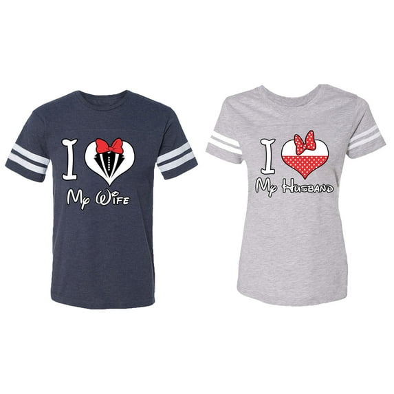 I Love My Husband Wife Matching Couple Cotton Jerseys (Men Navy / Women Heather) (Men XL / Women XXL)