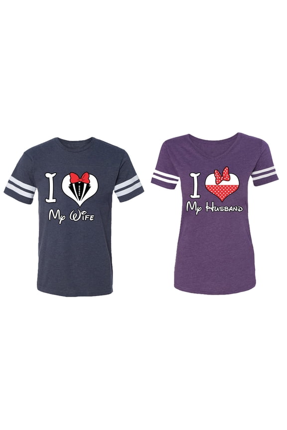 I Love My Husband Wife Matching Couple Cotton Jerseys (Men Navy / Women Purple) (Men XXL / Women XXL)