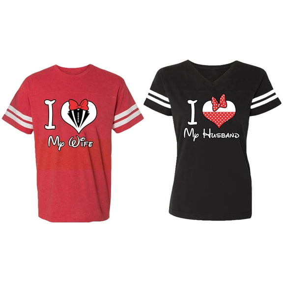 I Love My Husband Wife Matching Couple Cotton Jerseys (Men Red / Women Black) (Men XL / Women S)
