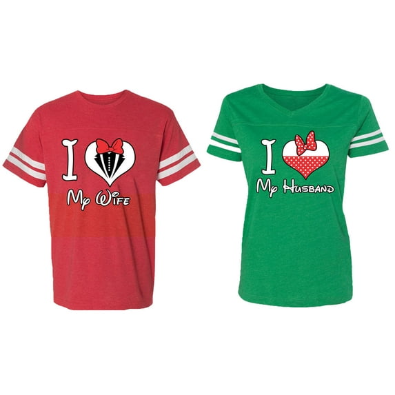 I Love My Husband Wife Matching Couple Cotton Jerseys (Men Red / Women Green) (Men XXL / Women L)