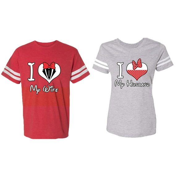 I Love My Husband Wife Matching Couple Cotton Jerseys (Men Red / Women Heather) (Men S / Women XL)