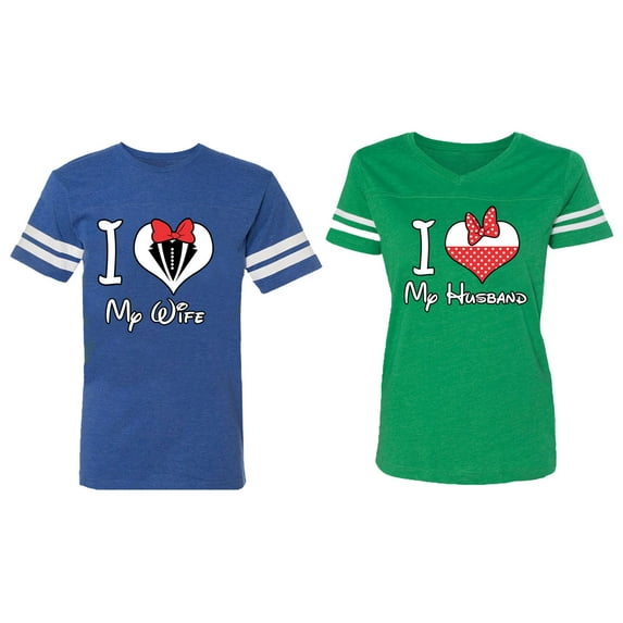 I Love My Husband Wife Matching Couple Cotton Jerseys (Men Royal / Women Green) (Men XXL / Women S)