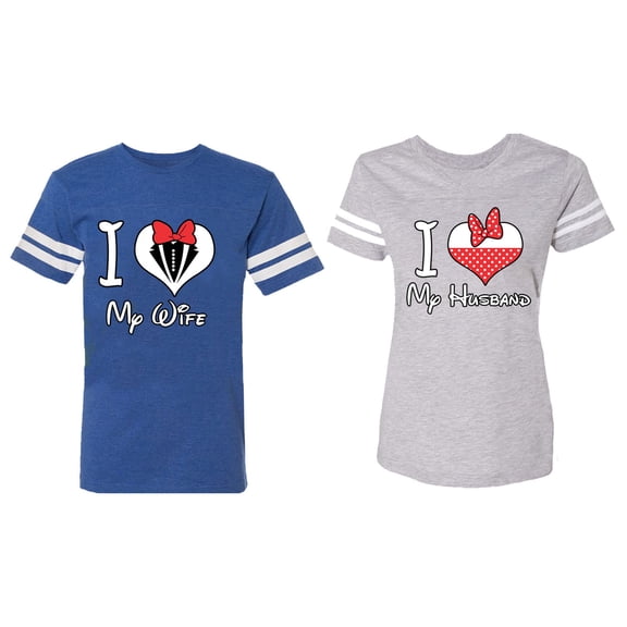 I Love My Husband Wife Matching Couple Cotton Jerseys (Men Royal / Women Heather) (Men L / Women XXL)