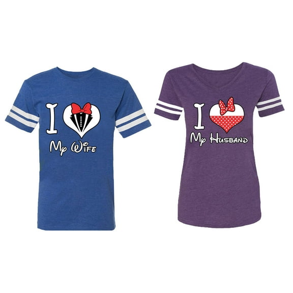 I Love My Husband Wife Matching Couple Cotton Jerseys (Men Royal / Women Purple) (Men S / Women XXL)