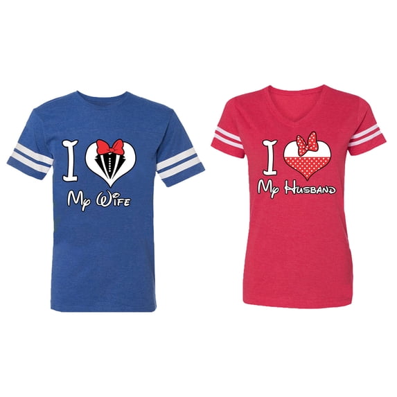 I Love My Husband Wife Matching Couple Cotton Jerseys (Men Royal / Women Red) (Men XXXL / Women XXL)