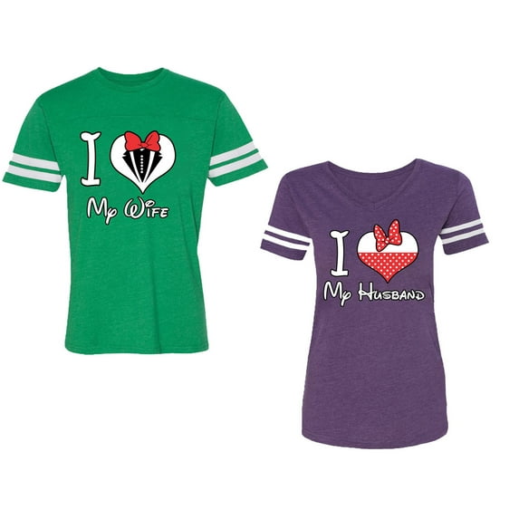 I Love My Husband Wife Unisex Couple Matching Cotton Jersey style T-Shirt Contrasting stripes on sleeves (Men Green / Women Purple) (Men M / Women M)