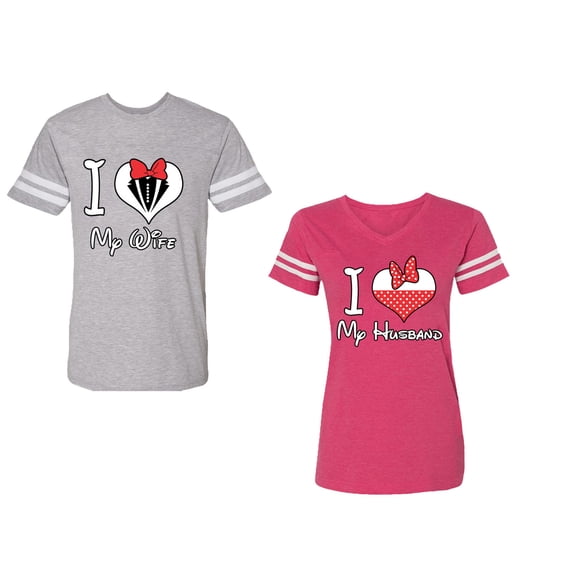 I Love My Husband Wife Unisex Couple Matching Cotton Jersey style T-Shirt Contrasting stripes on sleeves (Men Heather / Women Pink) (Men L / Women M)