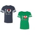 thumbnail image 1 of I Love My Husband Wife Unisex Couple Matching Cotton Jersey style T-Shirt Contrasting stripes on sleeves (Men Navy / Women Green) (Men XL / Women L), 1 of 3