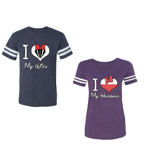 I Love My Husband Wife Unisex Couple Matching Cotton Jersey style T-Shirt Contrasting stripes on sleeves (Men Navy / Women Purple) (Men XL / Women L)