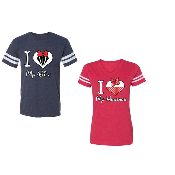 I Love My Husband Wife Unisex Couple Matching Cotton Jersey style T-Shirt Contrasting stripes on sleeves (Men Navy / Women Red) (Men L / Women XXL)