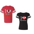 thumbnail image 1 of I Love My Husband Wife Unisex Couple Matching Cotton Jersey style T-Shirt Contrasting stripes on sleeves (Men Red / Women Black) (Men S / Women XXL), 1 of 3