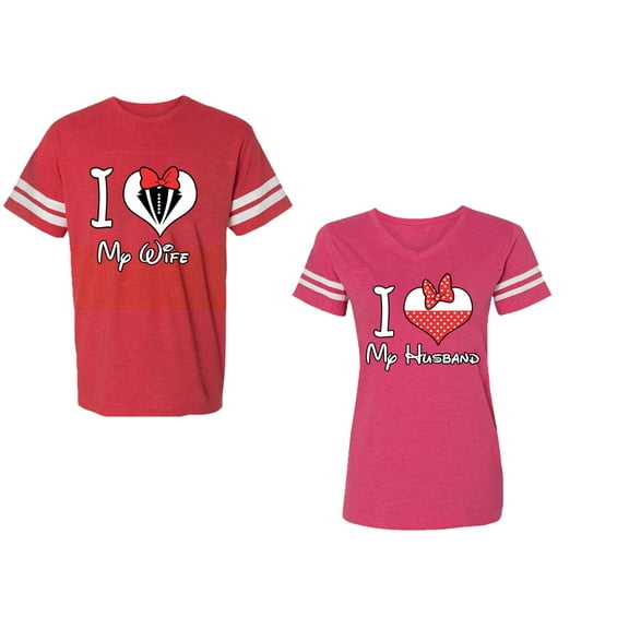 I Love My Husband Wife Unisex Couple Matching Cotton Jersey style T-Shirt Contrasting stripes on sleeves (Men Red / Women Pink) (Men XXL / Women S)
