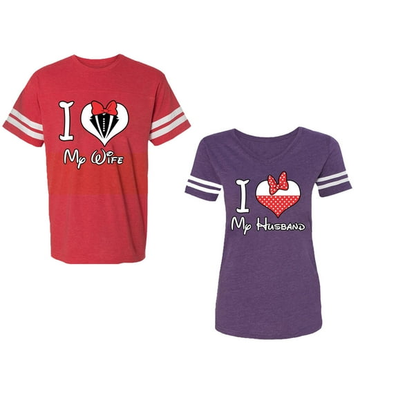 I Love My Husband Wife Unisex Couple Matching Cotton Jersey style T-Shirt Contrasting stripes on sleeves (Men Red / Women Purple) (Men S / Women L)