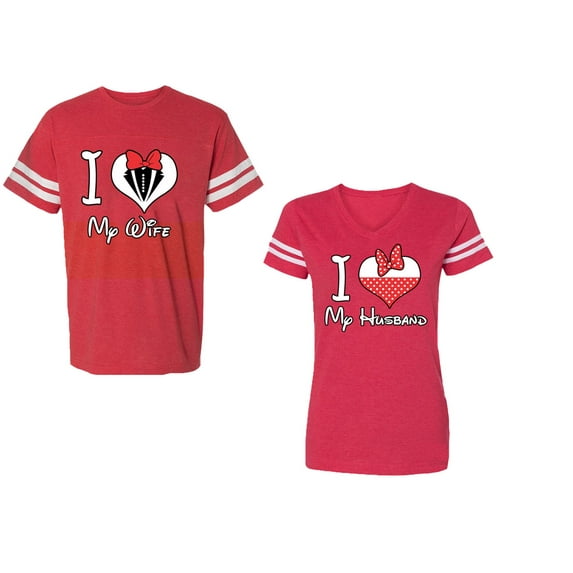 I Love My Husband Wife Unisex Couple Matching Cotton Jersey style T-Shirt Contrasting stripes on sleeves (Men Red / Women Red) (Men S / Women XL)