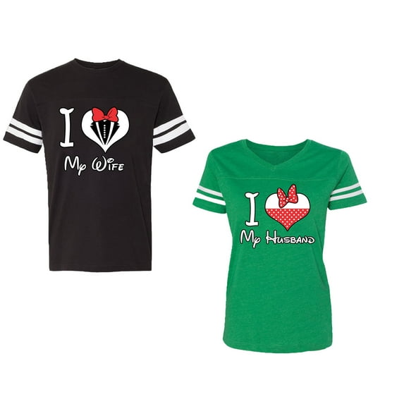I Love My Husband Wife Unisex Couple Matching Cotton Jersey style T-Shirt Contrasting stripes on sleeves (Men Black / Women Green) (Men XXL / Women XL)