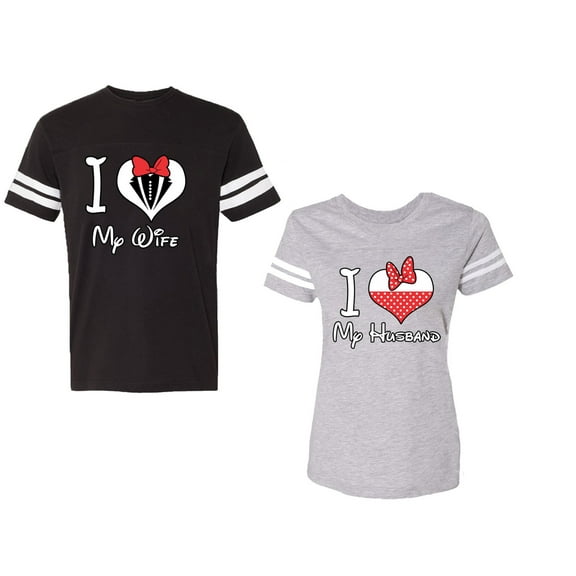 I Love My Husband Wife Unisex Couple Matching Cotton Jersey style T-Shirt Contrasting stripes on sleeves (Men Black / Women Heather) (Men L / Women L)