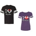 thumbnail image 1 of I Love My Husband Wife Unisex Couple Matching Cotton Jersey style T-Shirt Contrasting stripes on sleeves (Men Black / Women Purple) (Men M / Women XXL), 1 of 3