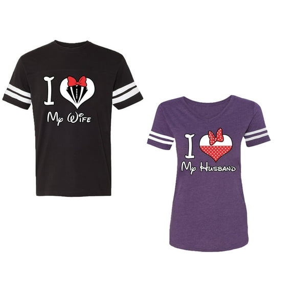 I Love My Husband Wife Unisex Couple Matching Cotton Jersey style T-Shirt Contrasting stripes on sleeves (Men Black / Women Purple) (Men XXL / Women S)