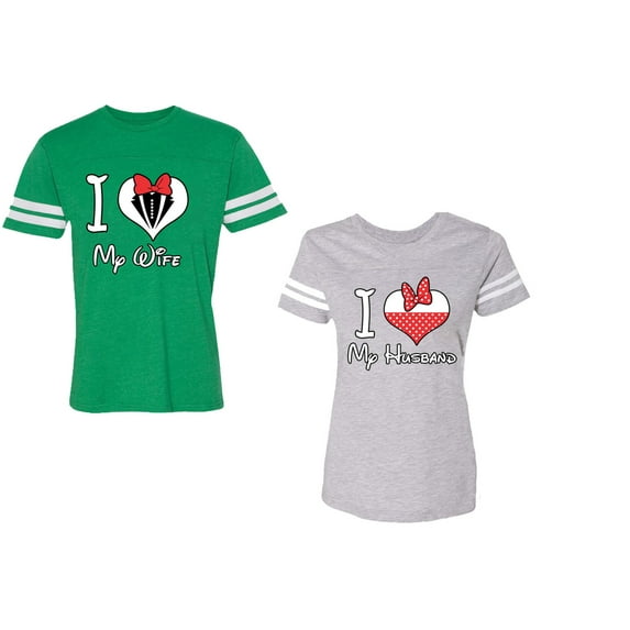 I Love My Husband Wife Unisex Couple Matching Cotton Jersey style T-Shirt Contrasting stripes on sleeves (Men Green / Women Heather) (Men S / Women S)
