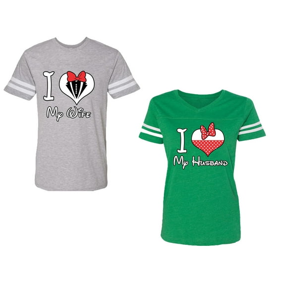 I Love My Husband Wife Unisex Couple Matching Cotton Jersey style T-Shirt Contrasting stripes on sleeves (Men Heather / Women Green) (Men S / Women M)