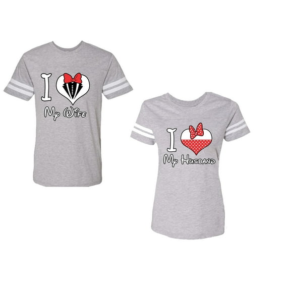 I Love My Husband Wife Unisex Couple Matching Cotton Jersey style T-Shirt Contrasting stripes on sleeves (Men Heather / Women Heather) (Men M / Women L)