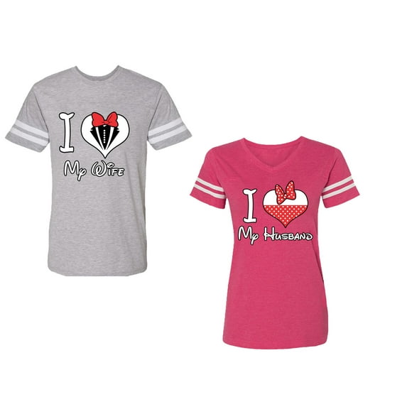 I Love My Husband Wife Unisex Couple Matching Cotton Jersey style T-Shirt Contrasting stripes on sleeves (Men Heather / Women Pink) (Men XL / Women XXL)