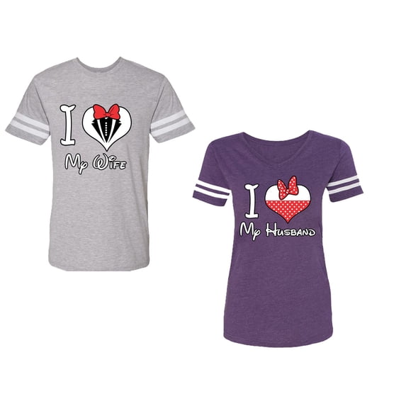 I Love My Husband Wife Unisex Couple Matching Cotton Jersey style T-Shirt Contrasting stripes on sleeves (Men Heather / Women Purple) (Men S / Women XXL)