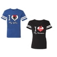 thumbnail image 1 of I Love My Husband Wife Unisex Couple Matching Cotton Jersey style T-Shirt Contrasting stripes on sleeves (Men Royal / Women Black) (Men M / Women XXL), 1 of 3