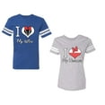 thumbnail image 1 of I Love My Husband Wife Unisex Couple Matching Cotton Jersey style T-Shirt Contrasting stripes on sleeves (Men Royal / Women Heather) (Men XXL / Women L), 1 of 3