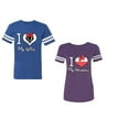 thumbnail image 1 of I Love My Husband Wife Unisex Couple Matching Cotton Jersey style T-Shirt Contrasting stripes on sleeves (Men Royal / Women Purple) (Men XXL / Women S), 1 of 3