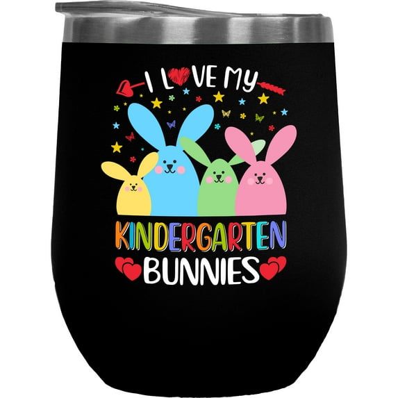 I Love My Kindergarten Bunnies, School Teacher, Easter Day, Black 12oz Wine Tumbler