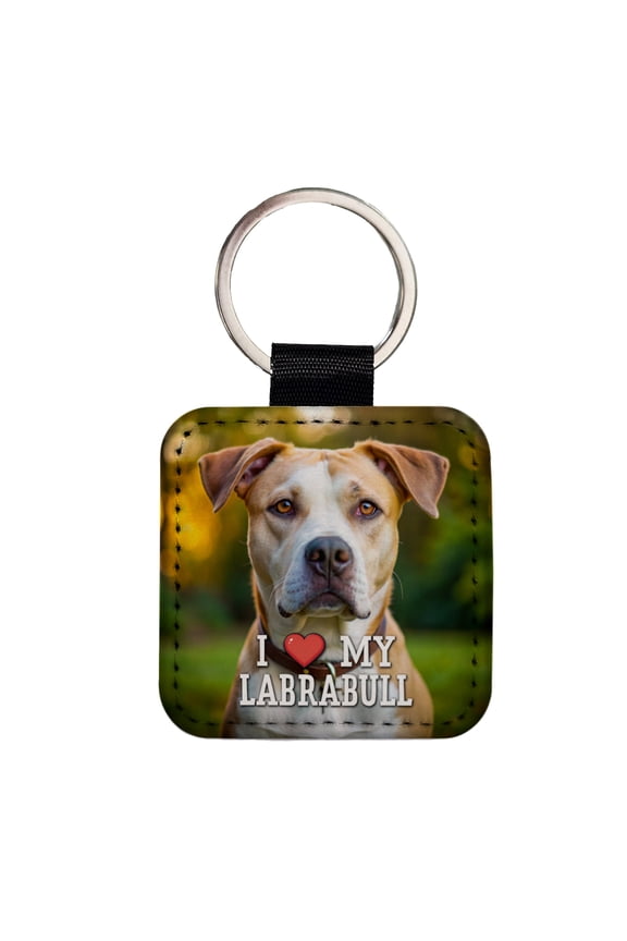 I Love My Labrabull Dog Heart Faux Leather Square Keychain