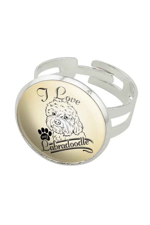 I Love My Labradoodle Silver Plated Adjustable Novelty Ring