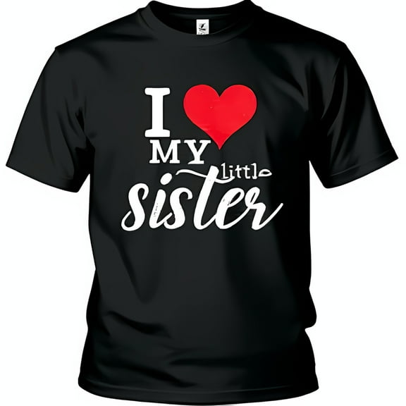 I Love My Little Sister Black T-Shirt Cute Cursive Font with Heart Design