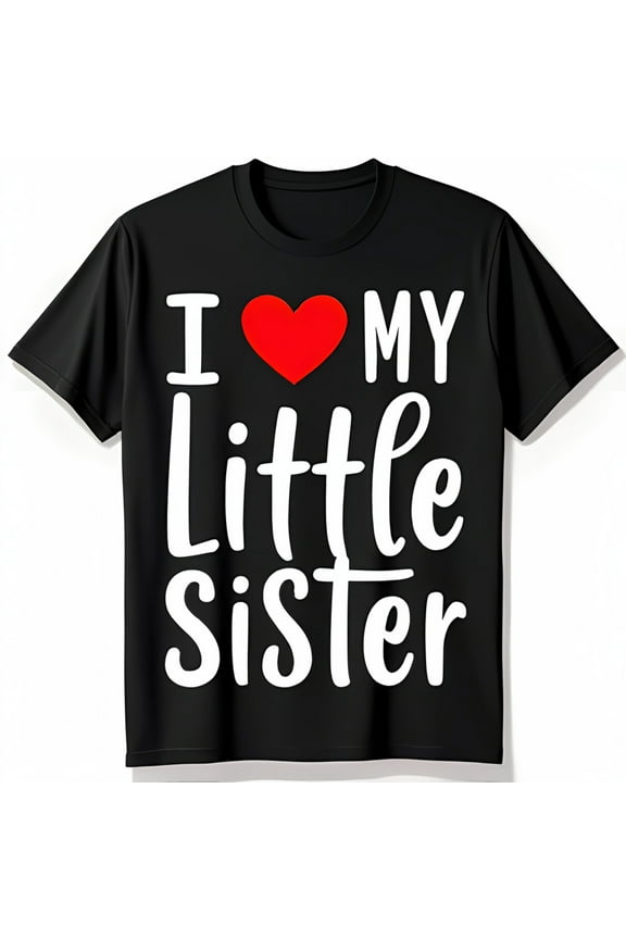 I Love My Little Sister T-Shirt Bold White Text with Red Heart on Black Tee