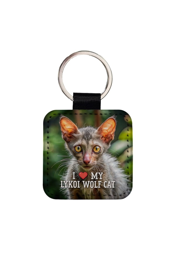 I Love My Lykoi Wolf Cat Heart Faux Leather Square Keychain