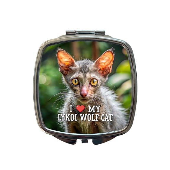 I Love My Lykoi Wolf Cat Heart Travel Makeup Handbag Purse Small Pocket Compact Mirror