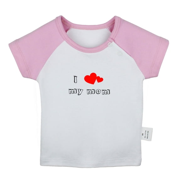 I Love My Mom Novelty T shirt For Baby, Newborn Babies T-shirts, Infant Tops, 0-24M Kids Graphic Tees Clothing (Short Pink Raglan T-shirt, 18-24 Months)
