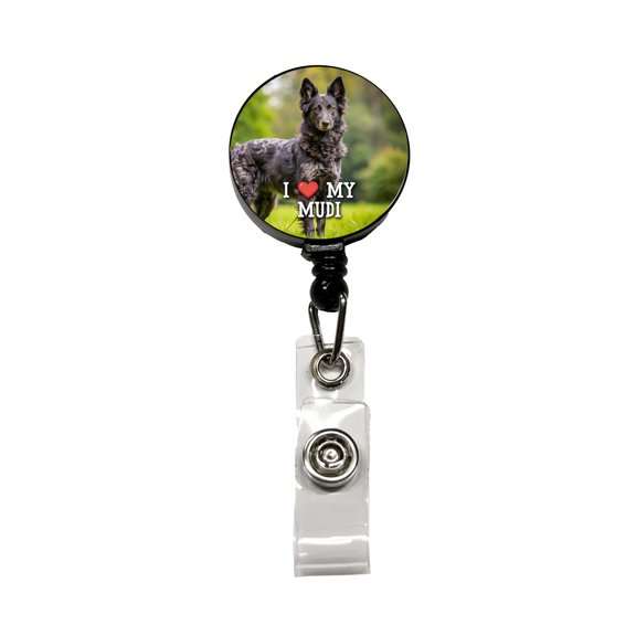 I Love My Mudi Dog Heart Retractable Reel ID Badge Key Card Name Tag Holder with Clip