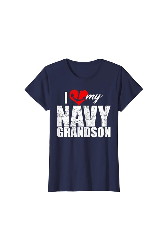 I Love My Navy Grandson Distressed Vintage T-Shirt with Heart Graphic
