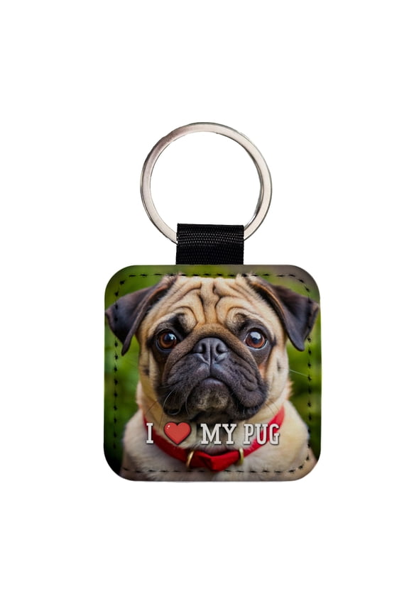 I Love My Pug Dog Heart Faux Leather Square Keychain