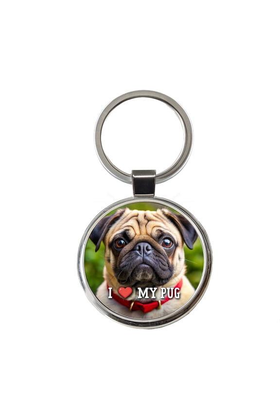 I Love My Pug Dog Heart Metal Round Keychain
