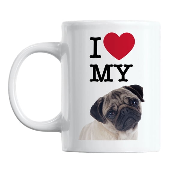 I Love My Pug feat a Cute Dog Face or Head White Ceramic Coffee & Tea Mug (11oz)